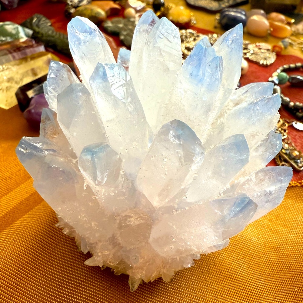 Blue-Tipped White Crystal Cluster Decorative Accent
